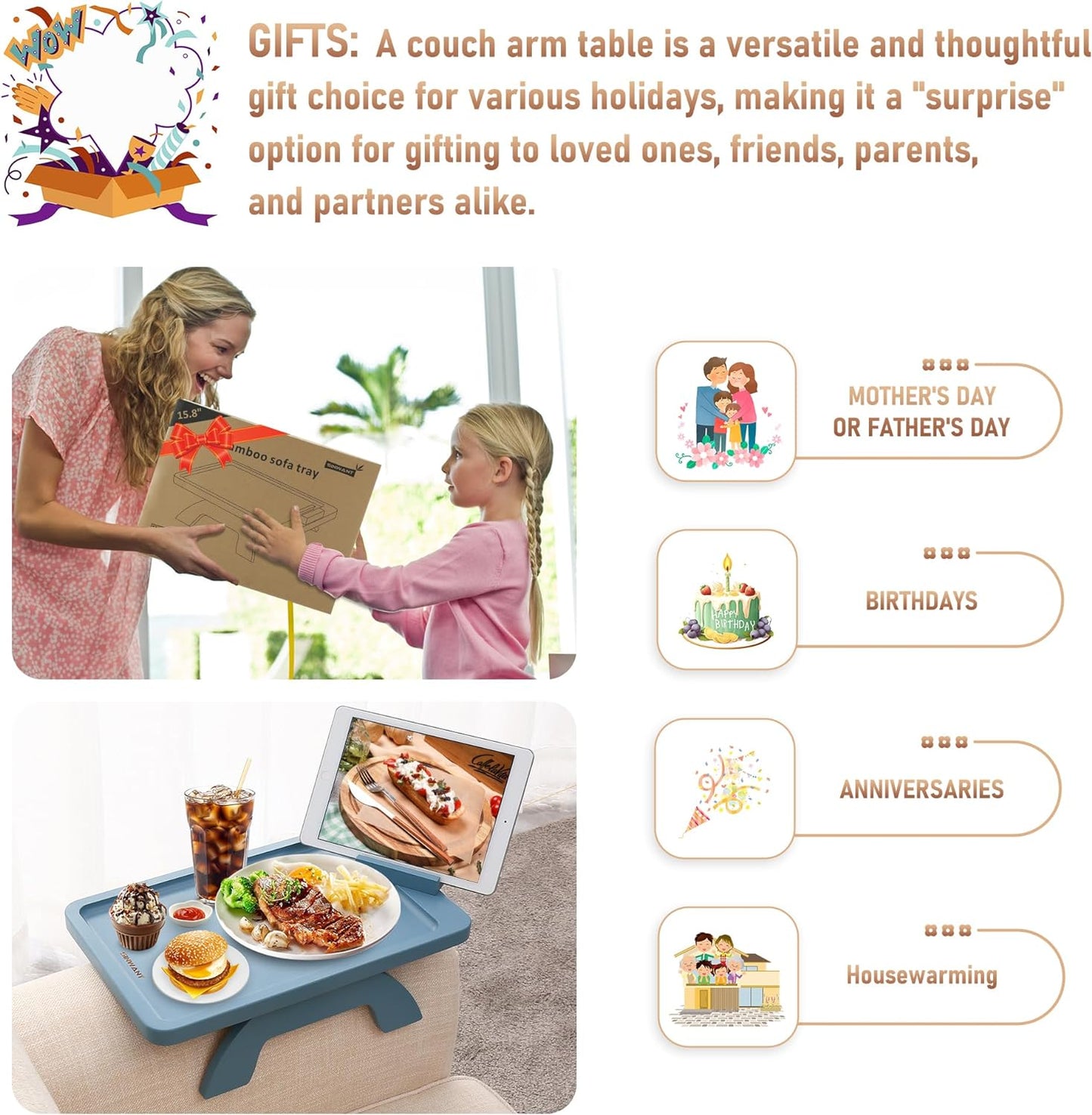 Couch Arm Table, Bamboo Sofa Clip on Tray Tables,Sofa Armrest Tray with 360° Phone Holder,Couch Armrest Table for Eating and Drinking