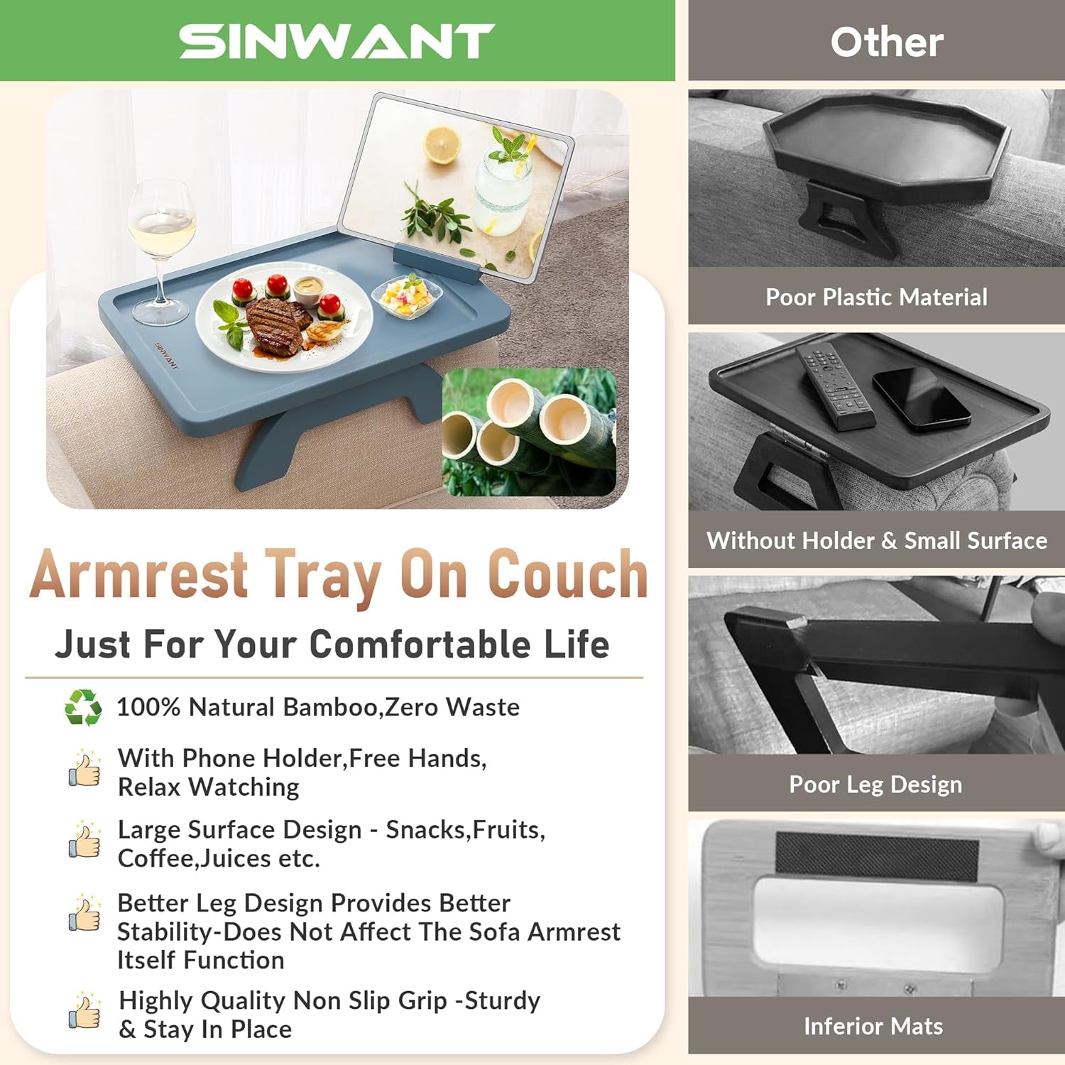 Couch Arm Table, Bamboo Sofa Clip on Tray Tables,Sofa Armrest Tray with 360° Phone Holder,Couch Armrest Table for Eating and Drinking