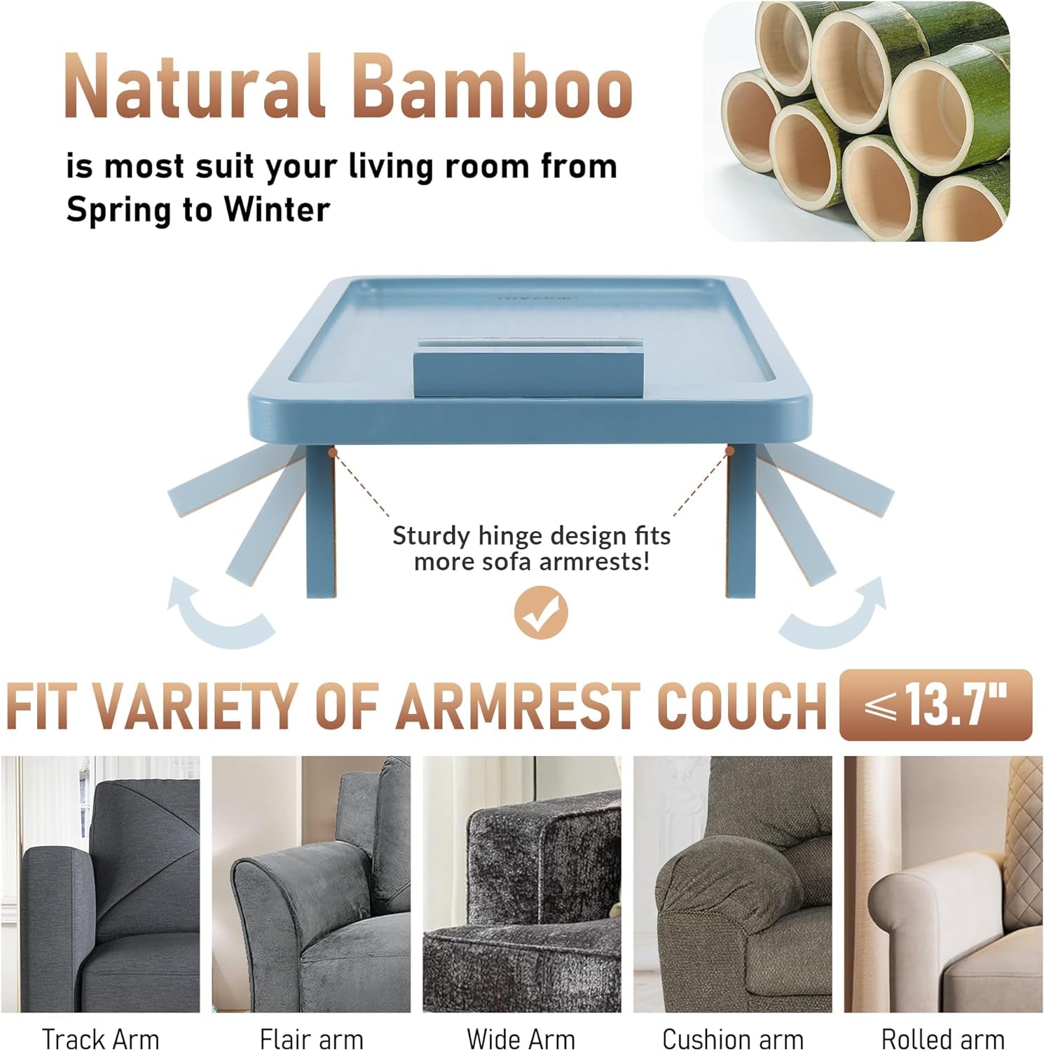 Couch Arm Table, Bamboo Sofa Clip on Tray Tables,Sofa Armrest Tray with 360° Phone Holder,Couch Armrest Table for Eating and Drinking