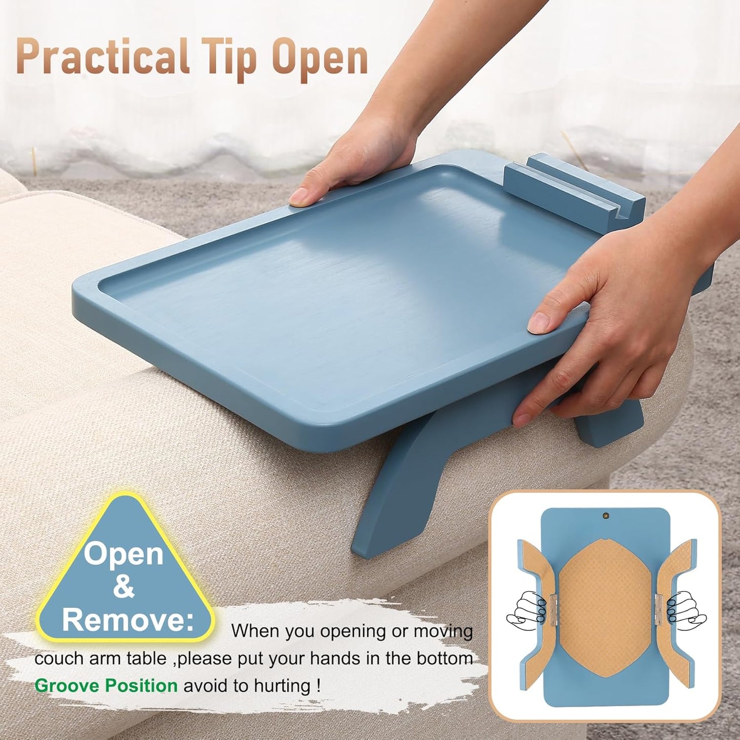 Couch Arm Table, Bamboo Sofa Clip on Tray Tables,Sofa Armrest Tray with 360° Phone Holder,Couch Armrest Table for Eating and Drinking