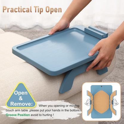Couch Arm Table, Bamboo Sofa Clip on Tray Tables,Sofa Armrest Tray with 360° Phone Holder,Couch Armrest Table for Eating and Drinking